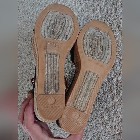 TORY BURCH Knotted Bow Wedge Espadrille Platform Sandal Black/NAVY/ Tan SIZE 6.5 - Picture 16 of 16